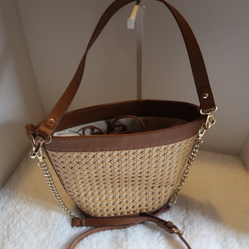 International Concepts Brown Leather Woven Handbag